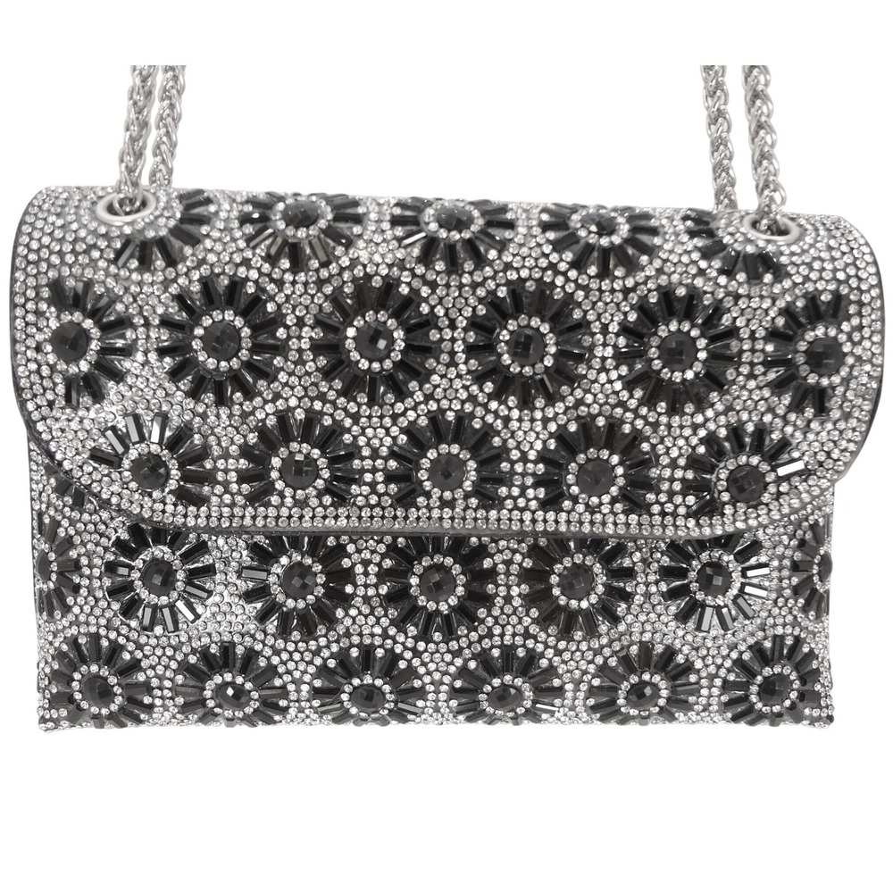 Sunburst Rhinestone Evening Bag Small Black Silver Excellent Sunburst